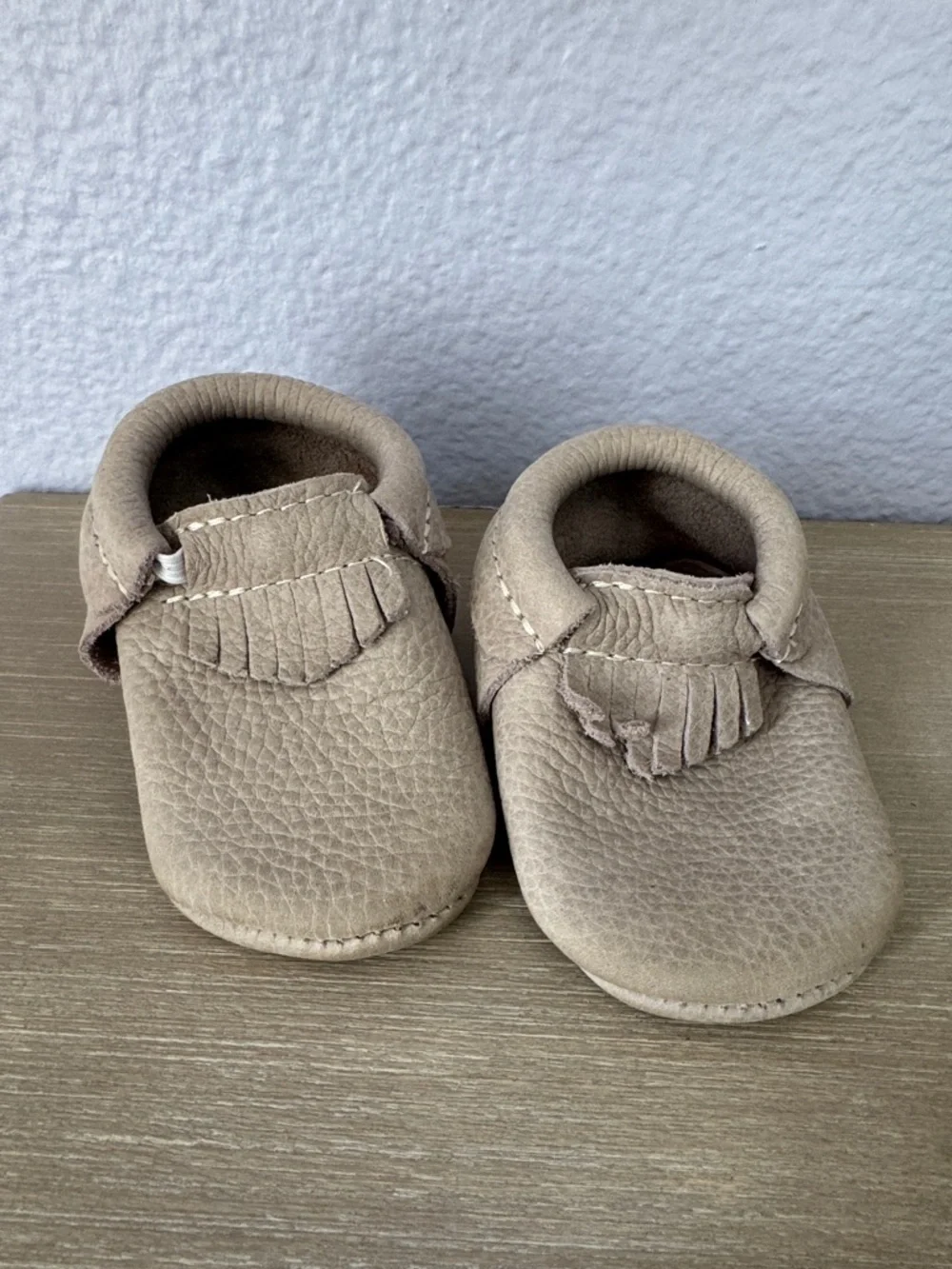 Freshly Picked Taupe Kids Moccasins with Fringe